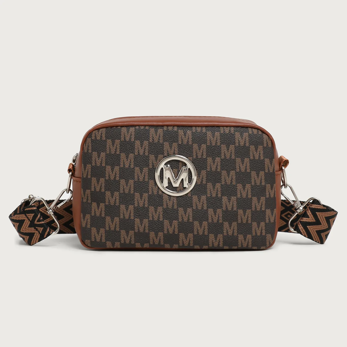 Retro M Pattern Design Female Crossbody Bag, Stylish Ladies Shoulder Bag, Wide Strap Phone Coin Purse for Women Work Party Date