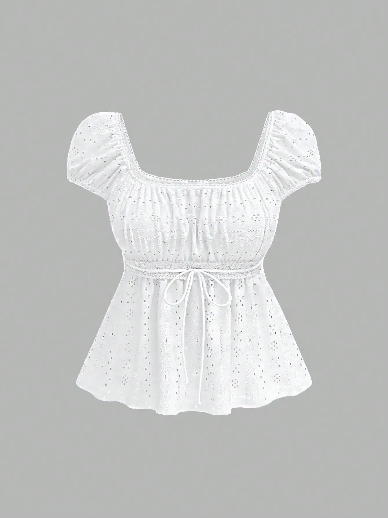 White Jacquard Gathered Bust Babydoll Top, Corset Detail Casual Gothic, Elegant Cottagecore Summer Vacation Tee for Women
