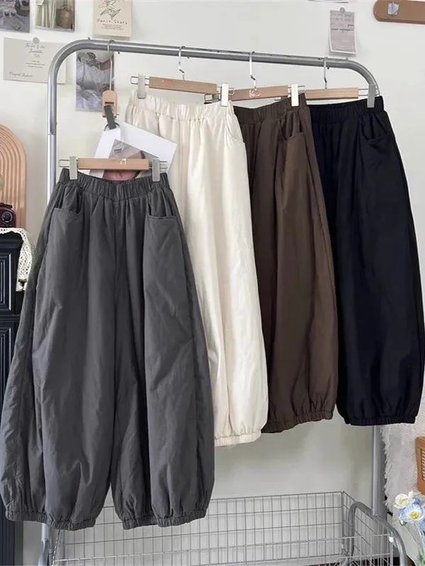 

plus Size Men's And Women's Autumn Winter Fce Lined Cotton Lantern Pants Loose Elastic Waist Wide Leg Japanese Sle Jeans