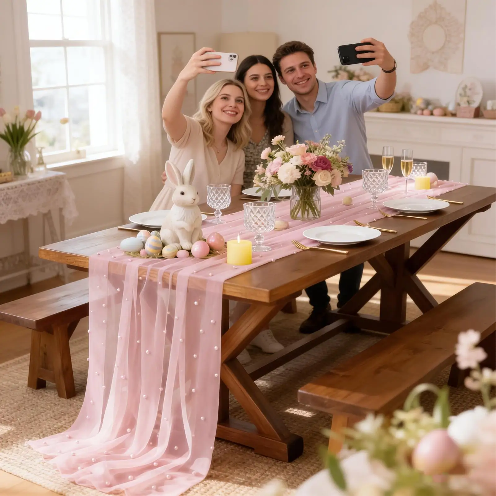 Tulle Table Runner 100cm Sheer Kitchen Linen Party Decoration White Pearl Table Runner For Holiday Christmas Thanksgiving Living