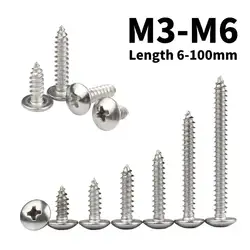 304 Stainless Steel Round large Flat round Head Cross M3 M4 M5 M6 Self-tapping Truss Screws Mushroom Tapping Screws L=6-100mm