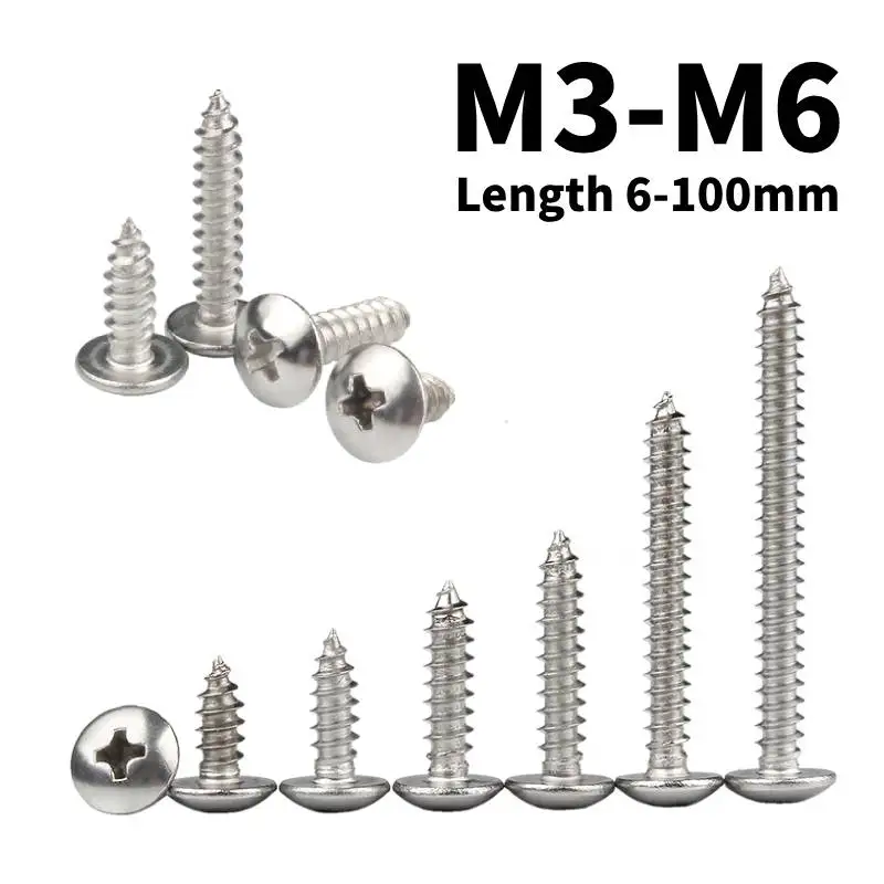 304 Stainless Steel Round Large Flat Round Head Cross M3 M4 M5 M6 Self-Tapping Truss Screws Mushroom Tapping Screws L=6-100mm