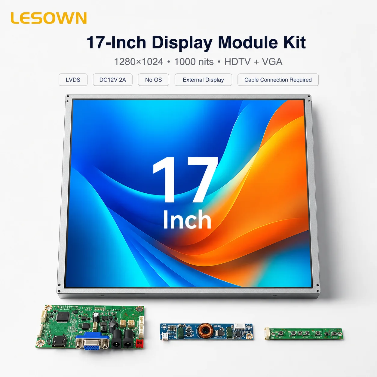 LESOWN 17 Inch 1280x1024 LCD Screen Driver Board Kit 1000cd/m2 High Brightness HDTV VGA Driver-Free for Industrial PC