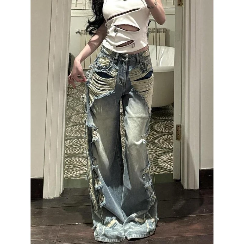 

Женские дизайнерские брюки с грубыми краями и дырками, винтажная осенняя уличная одежда, милые джинсовые брюки с высокой талией, женские свободные широкие джинсы