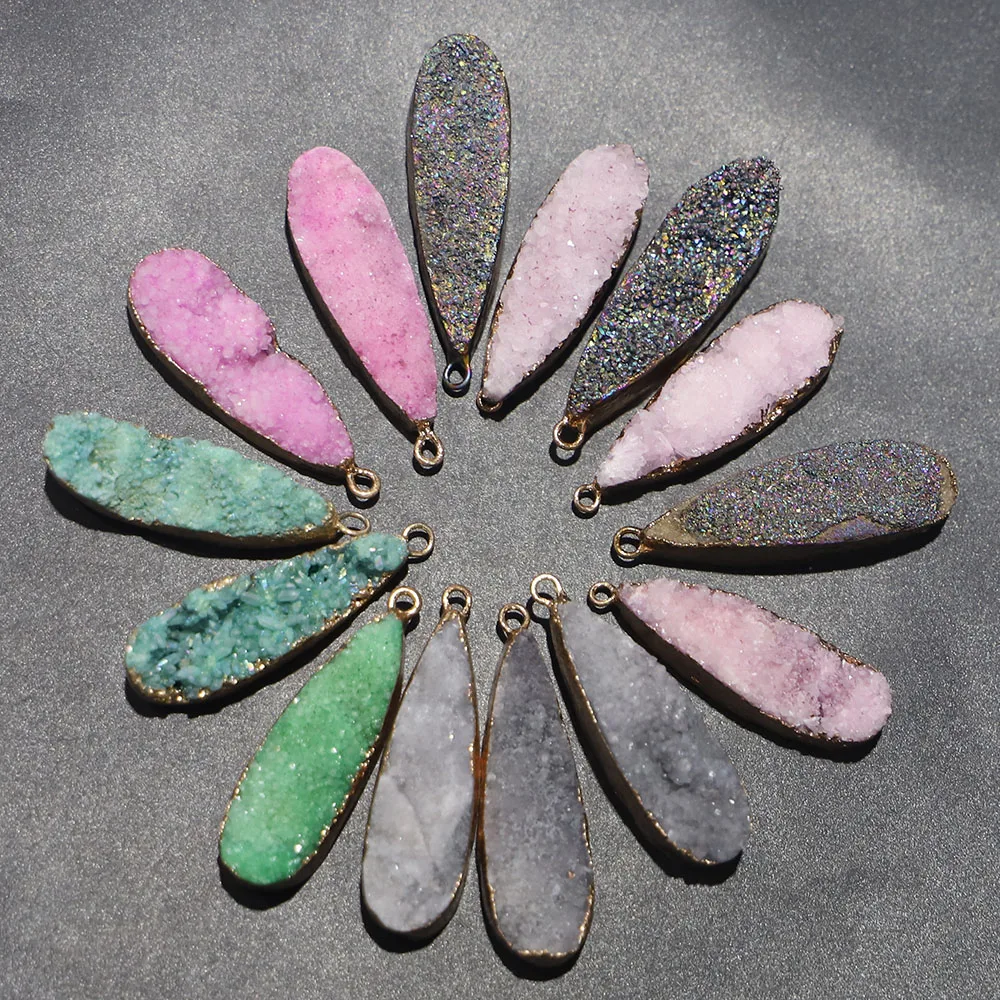 Fashion Natural Water Drop Druzy Stone Necklaces Pendants Metal Mineral Specimen Agate Slice Charms Geode Rough For Jewelry 6Pcs