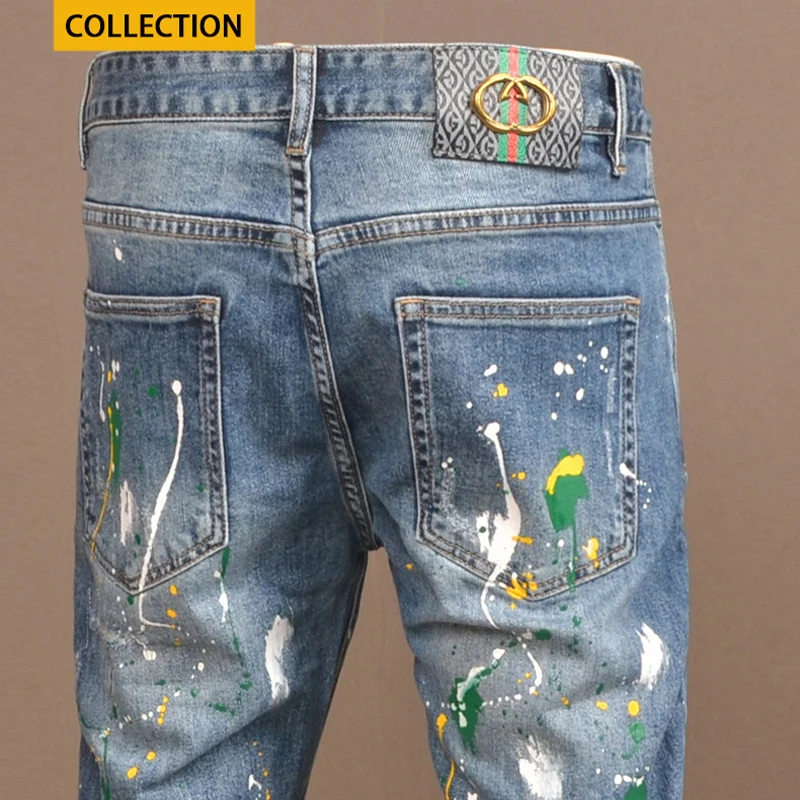 Street Fashion Men Jeans Retro Blue Painted Designer Elastic Ripped Jeans Men Stretch Trousers Hip Hop Denim Pencil Pants Hombre