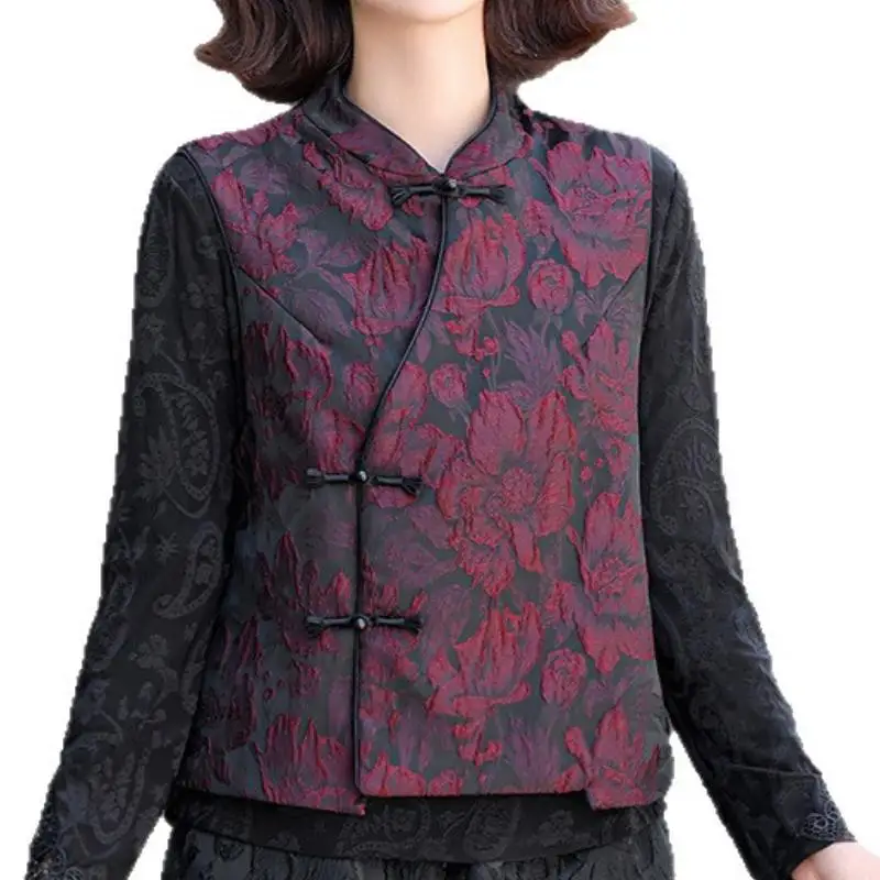 New Chinese Style Coat Jacquard Satin Sleeveless Vest Vintage Button Daily Casual Home Wear Mandarin Collar Elegant Shirt