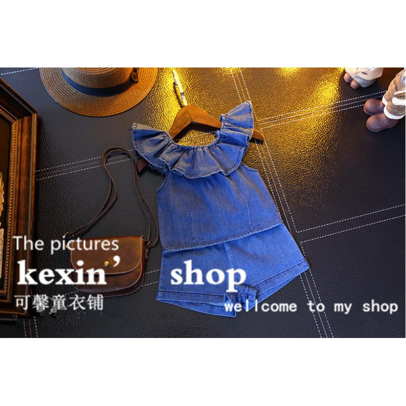 Children's Clothing Wholesale Girls' Set Off-Shoulder Flutter Sleeve Top with Shorts25Summer New Fashion Foreign Trade3-8Years O