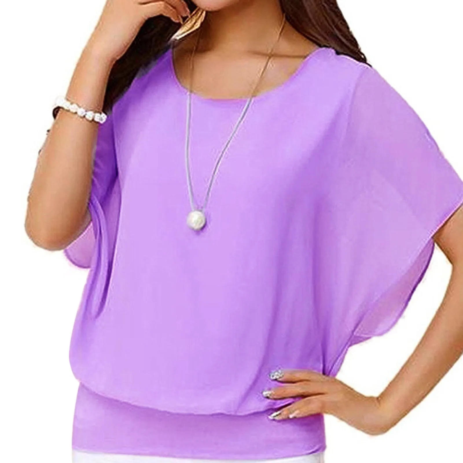 

Women Blouse Summer O Neck Solid Colors Short Bat Sleeve Chiffon Loose T-shirt Casual Women Solid Elegant Polyester Blouse 2025