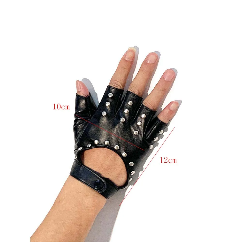 1 Pair Halloween Black Pu Leather Fingerless Gloves Female Half Finger Driving Women Fashion Punk Gloves Dance Rivets Gloves