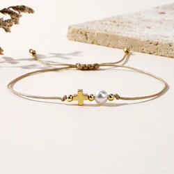 1pc Copper Bead Imitation Pearl Iron Gallstone Cross Bracelet As A Lucky And Charming Friendship Jewelry Gift
