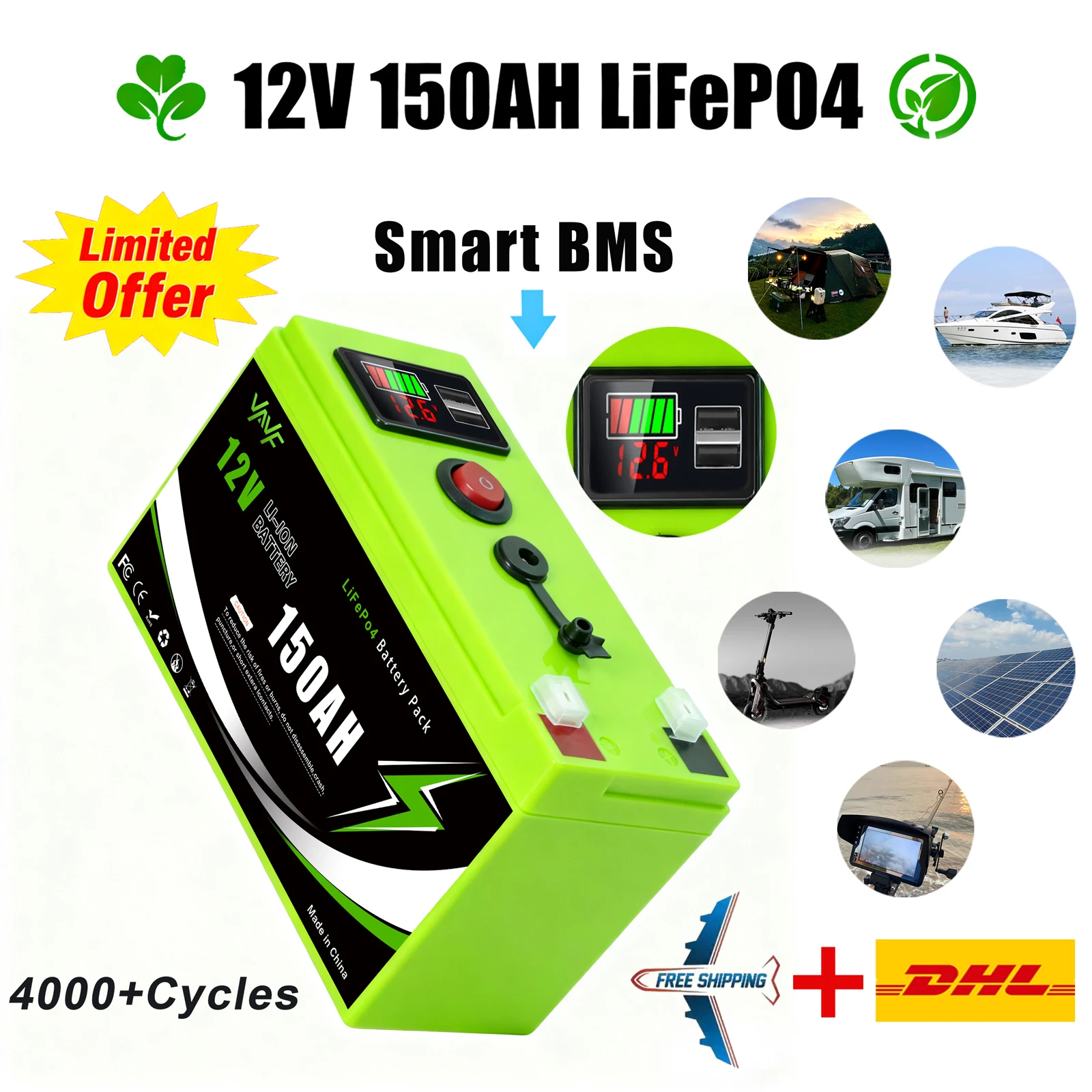 

12V 150Ah Lithium LiFePO4 Deep Cycle Battery for Off-Grid Applications, Solar,Fish Finder,Lighting, Power Wheels Built-in BMS⛅️