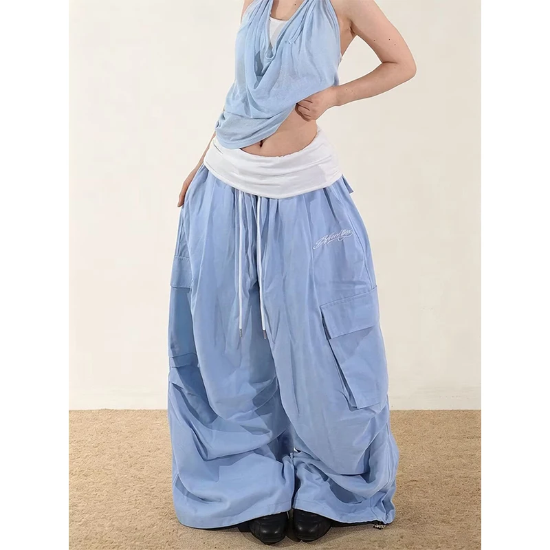 Sweet Embroidered Casual Trousers Women Japanese Versatile Trend Summer High Waist Loose Multi Pocket Wide Leg Cargo Pants
