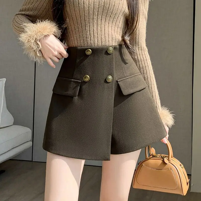 Korejepo Maillard Thickened Trouser Skirt Women Autumn Winter 2024 New A shaped Woolen Wide Leg Boots Versatile Woolen Shorts