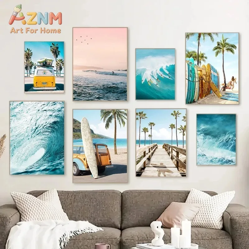 AZNM Frameless 2D Flat Summer Tropical Palm Tree Beach Surf‑Car Canvas Print, Reusable Bright Coastal Scenery Home Wall Art Deco