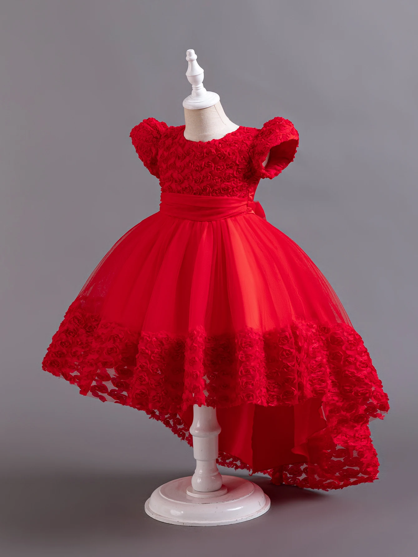 Red European style flower girl wedding dress for 3 to 12 Year Kids Tail Birthday Party Dress Short sleeved child ball dress