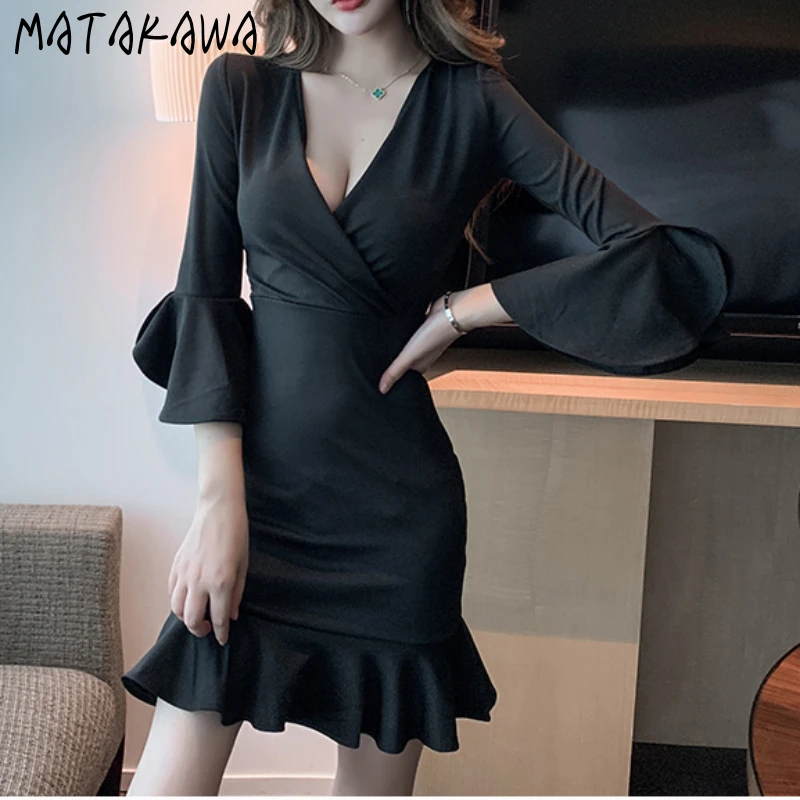 Women's Dress Spring 2022 Korean Fashion V Neck Flare Sleeve High Waist Slim Elegant Dresses Ruffles Patchwork Vestidos Mujer