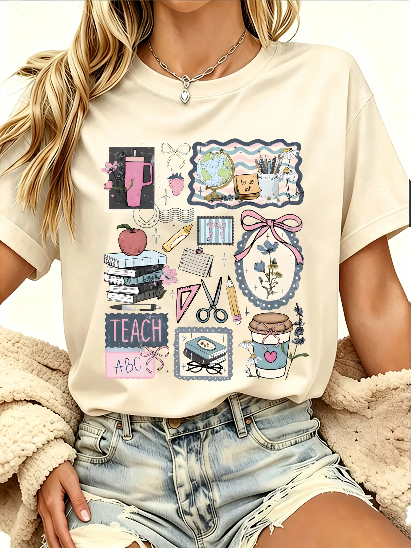 Women'S Short Sleeve T-Shirt Teacher Life Collage Print Women'S Trendy Print Shirt for Spring and Summer Cute Campus Pattern Tee