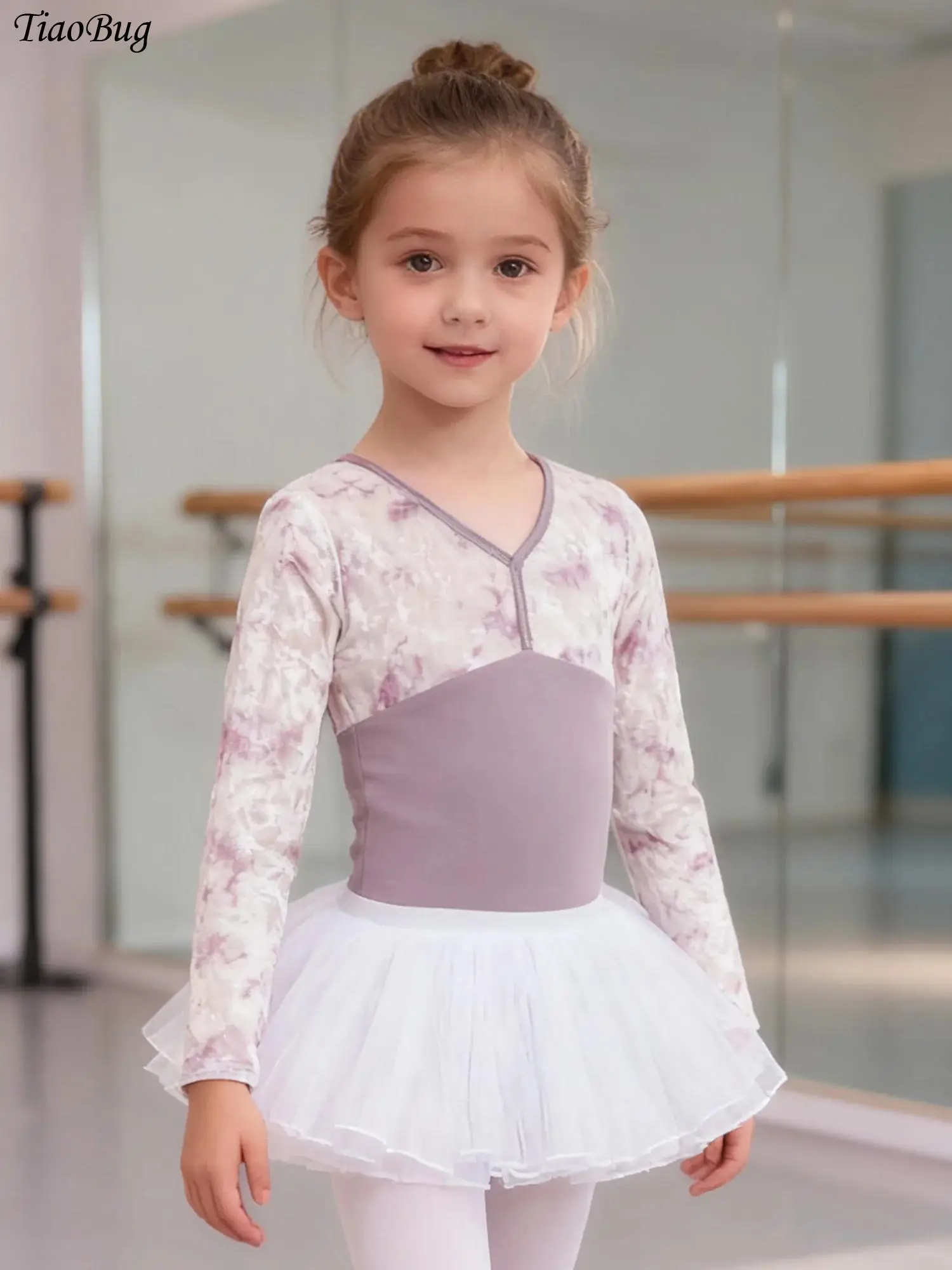 

Детский балетный костюм для девочек, бархатный танцевальный купальник с длинными рукавами и тюлевой юбкой, боди для балерины, гимнастики, тренировок