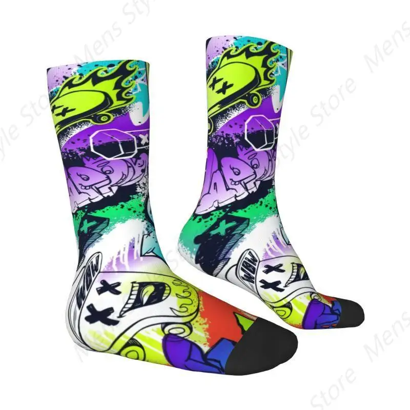 Benutzerdefinierte lustige Herren-Socken im Street-Art-Stil mit Wörtern und Cartoon-Monstern, Unisex, warme, bequeme Graffiti-Kunst-Crew-Socken