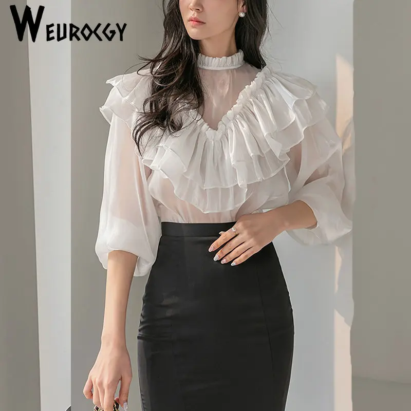 Women Blouse 2023 Summer Korean Edition Elegant Splicing Fashion Ruffles Top Autumn Flare Beading Chiffon Long Sleeve Shirt