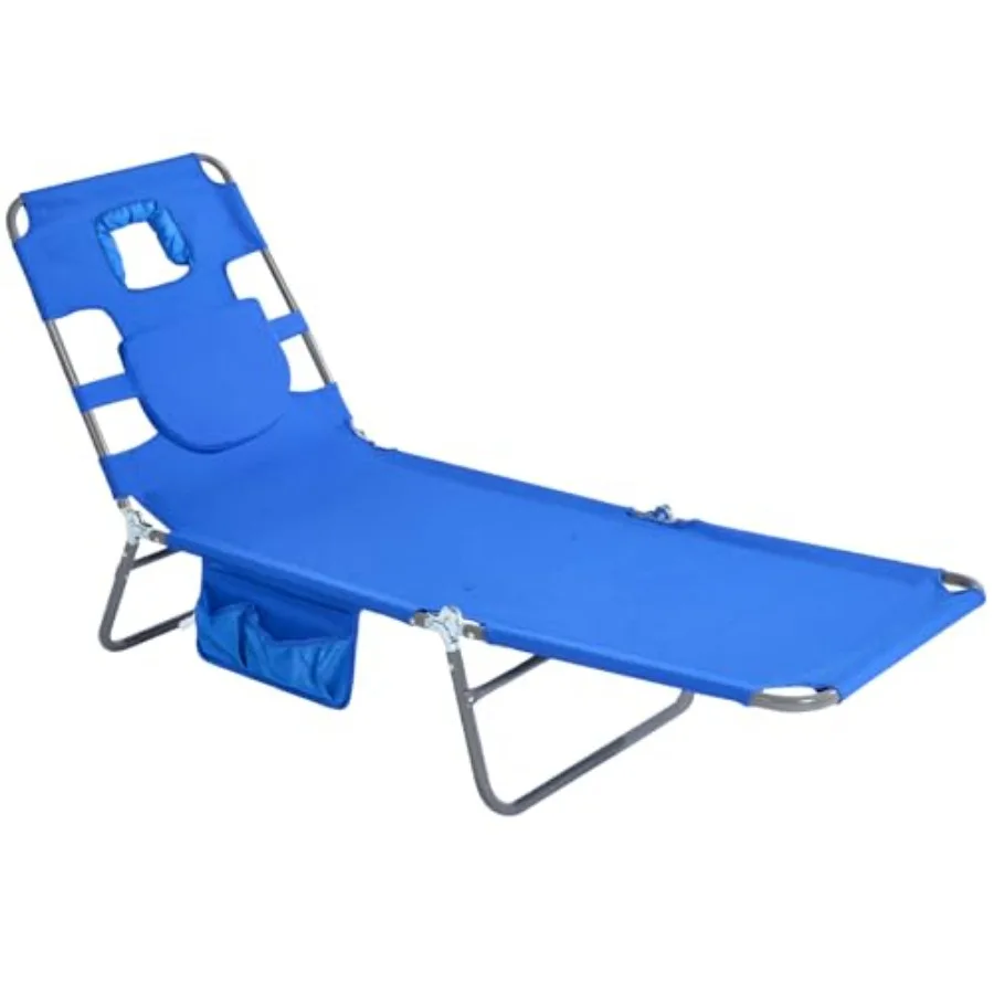 

Beach and pool tanning chair with durable polyester fabric, black color, lay-flat design with face-down hole and arm slots for