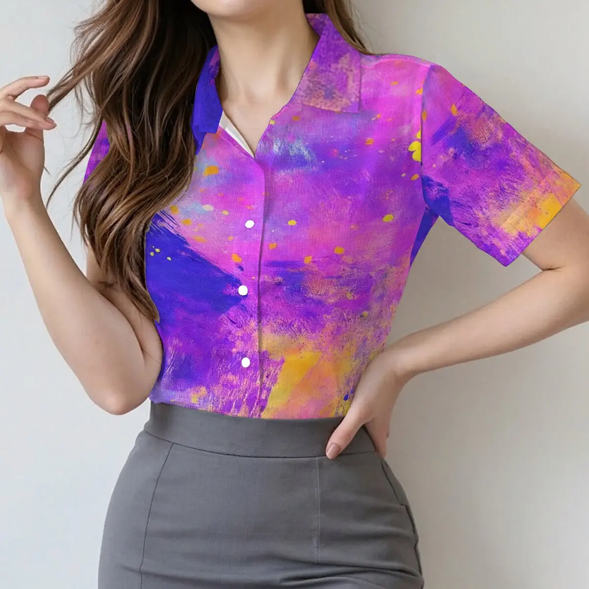Summer women's short-sleeve shirt, colorful graffiti with high fashion recognition, suitable for gatherings with friends