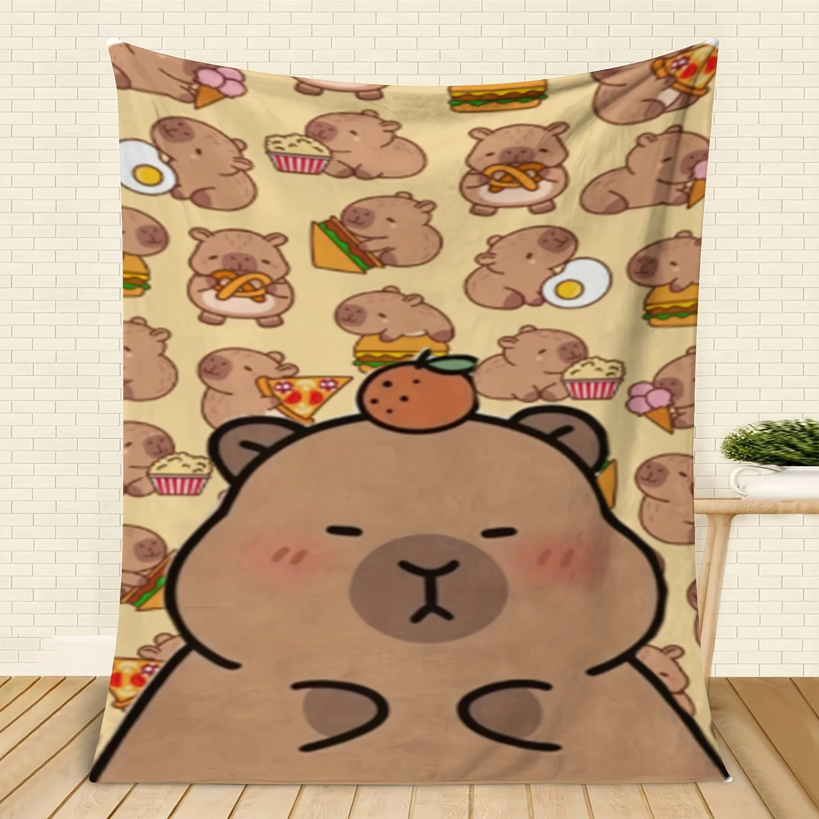 1pc Capybara Fleece Blanket - Soft Flannel Geometric Print Throw with Cute Capybara & Food Illustrations, All-Season Cozy Blanke