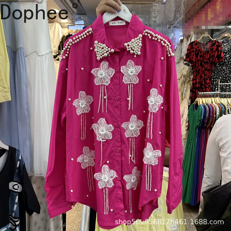 

Beading Flowers Diamonds Tassel Women Cardigans Top All-match Spring Summer Long Sleeve Blouses Single-breasted Casual Shirts