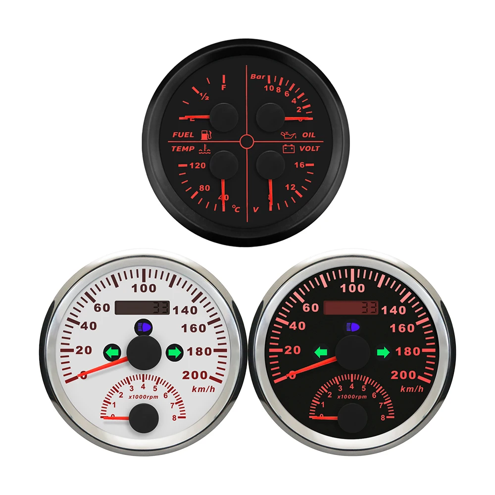 

ELING Car 85mm GPS Speedometer 0-200km/h with Tachometer 0-8000RPM +4 in1 Gauge Fuel Level Water Temp Oil Press Voltmeter 12V