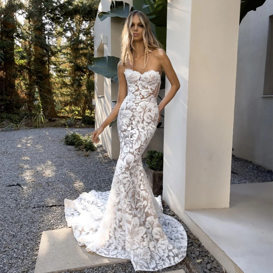 

Высокое качествоМилая полная кружевная аппликация Born Bodce Русалка Свадебные платья с открытой спиной и скользящим шлейфом на заказ Свадебный род