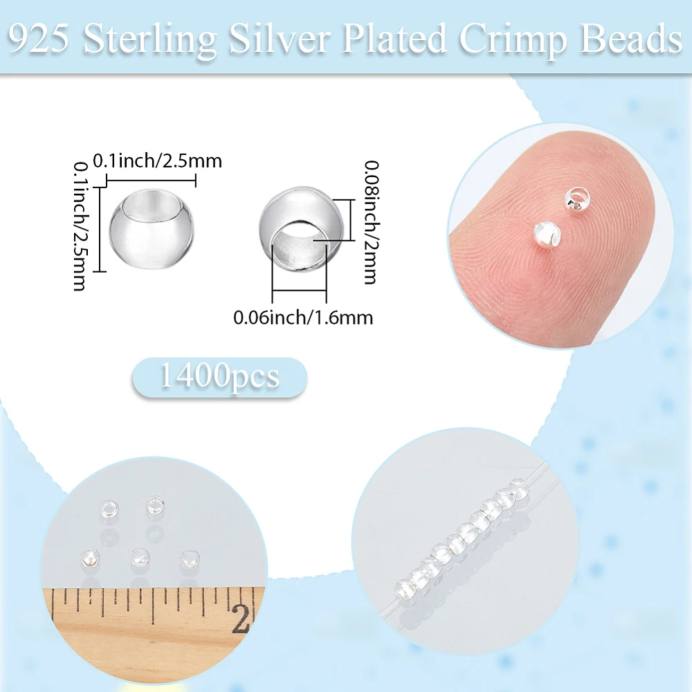 1 Box 1400Pcs Crimp Beads 2mm 925 Sterling Silver Plated Brass Tiny Rondelle Spacer Loose Beads for Jewelry Making DIY Crafts