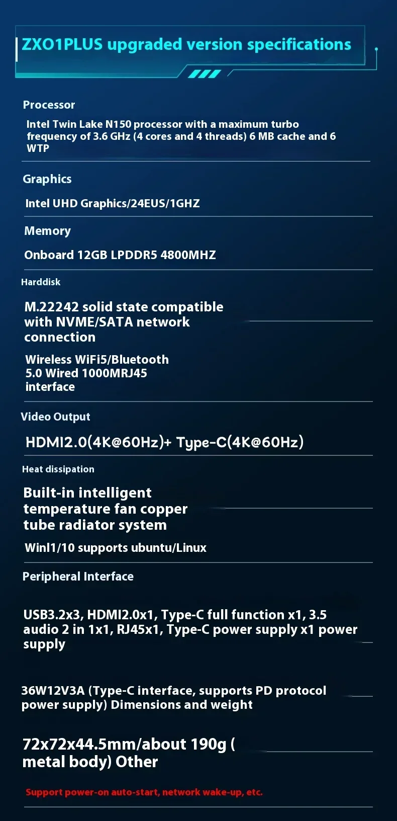 ZX01 PLUS Pocket Mini PC Intel Twin Lake N150 LPDDR5 12GB M.2 SSD Wifi5 BT5.0 Type-C Windows 11 مكتب سطح المكتب ألعاب الكمبيوتر