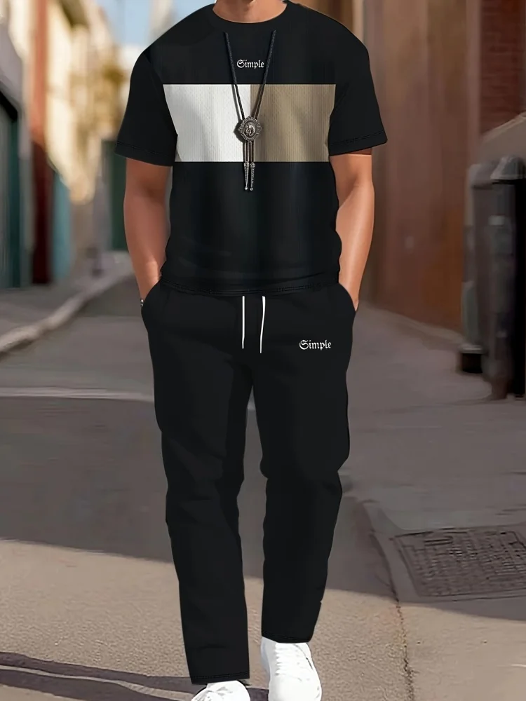 Summer Men's Fashion Set Color-Blocked Short-Sleeve Top With Casual Drawstring Pants Two-Piece Set Relaxed Fit Casual Set