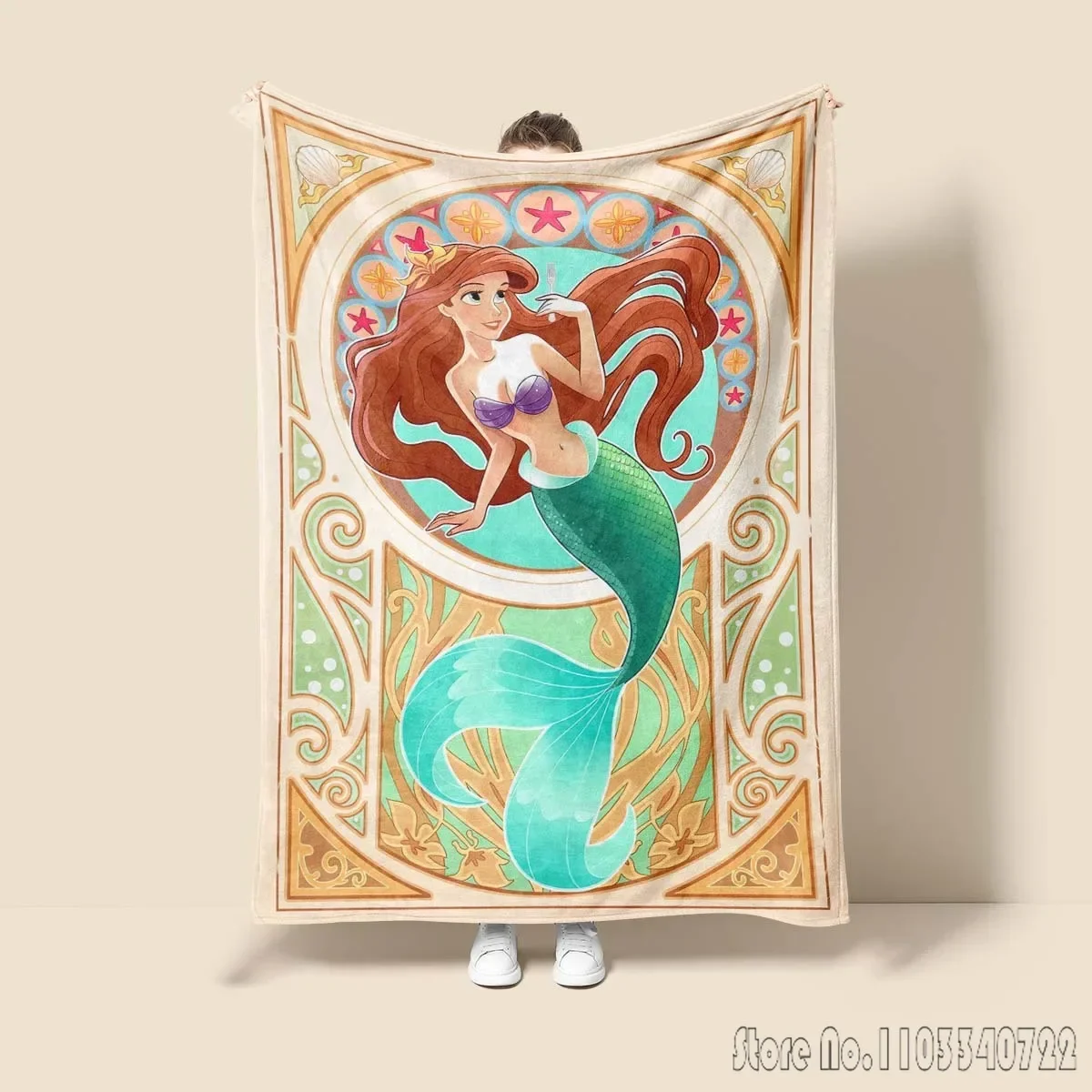 Disney The Little Mermaid Cartoon Room Warm Blanket Comfortable Soft Portable Travel Picnic Blanket Gift for Family or Friends