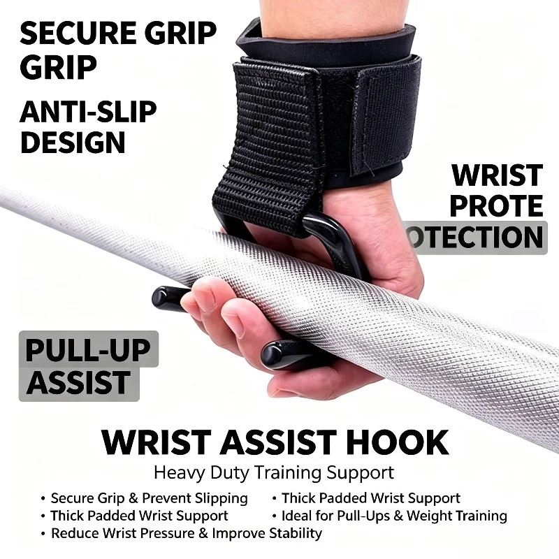 2Pcs Fitness Wrist Assist Hooks Anti Slip Weight Lifting Grip Support Wraps Pull Up Wrist Brace for Gym Workout Power Training