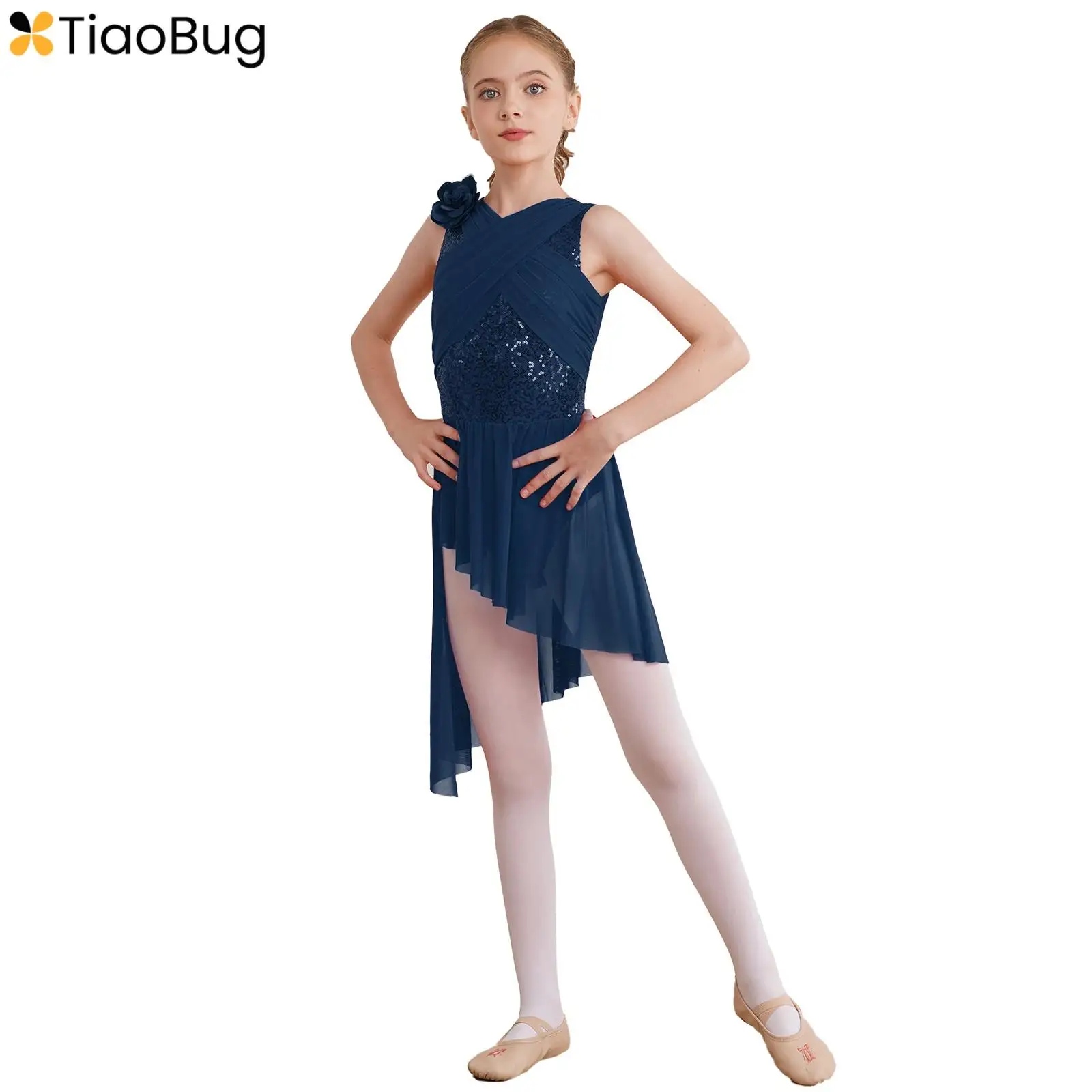 

Kids Girls Shiny Sequins Lyrical Dance Dress Sheer Mesh Sleeveless Asymmetrical Skirted Leotard Dress with Removable Flower 2024