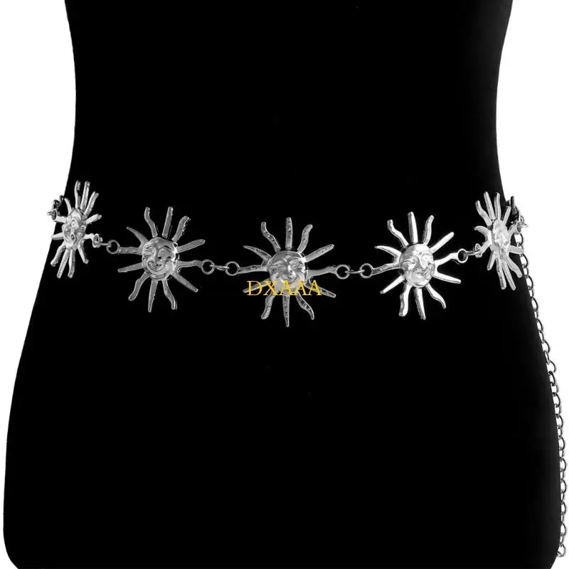 DXAA Stylish Minimalist Metal Belt Chain Sun/Moon Charm Accent Adjustable Waistband