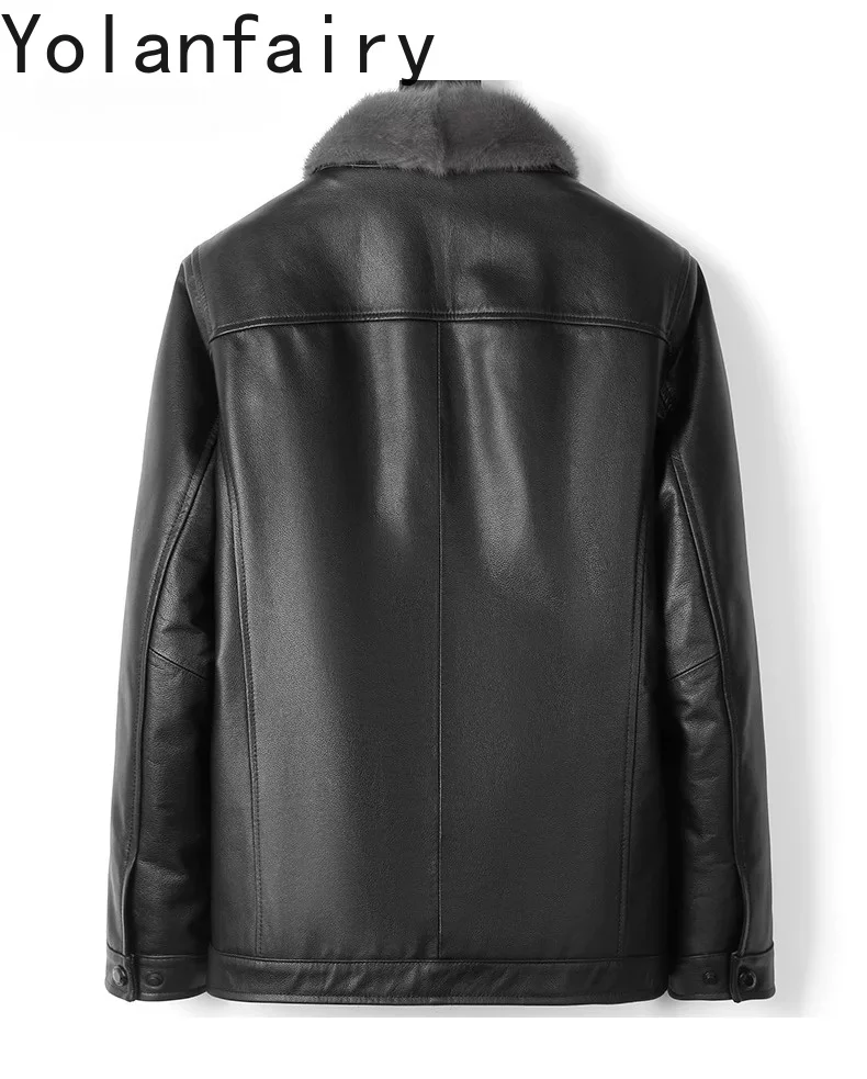 YOLANFAIRY 100% Real Cowhide Genuine Leather Jacket Men Winter Warm Rabbit Fur Liner Coat Mink Fur Collar Man Clothing Puffer