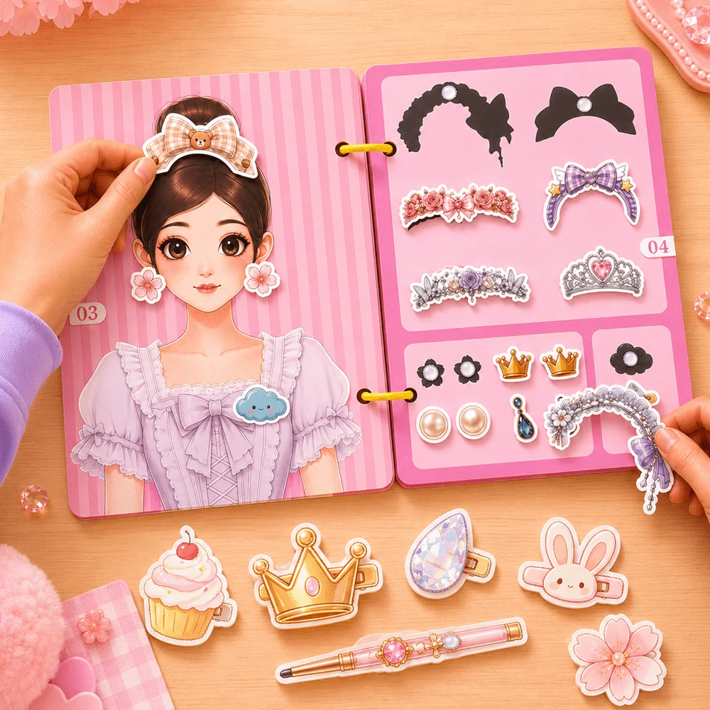 4‑in‑1 Dress‑up Quiet Book Girls Makeup Hair Manicure Sticker Book Princess Dress Matching Puzzle Activity Sticker Book