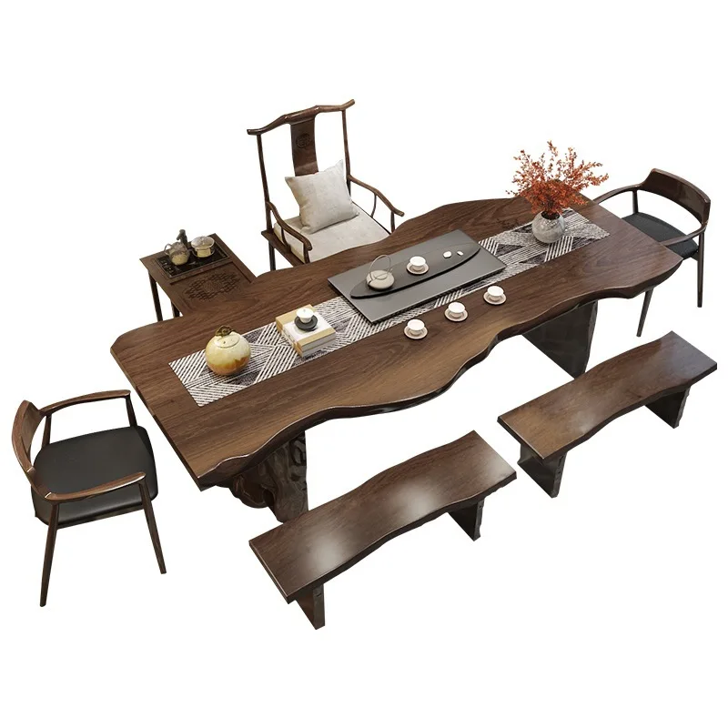New Chinese-style long board solid wood tea table household living room tea table and chair combination tea house