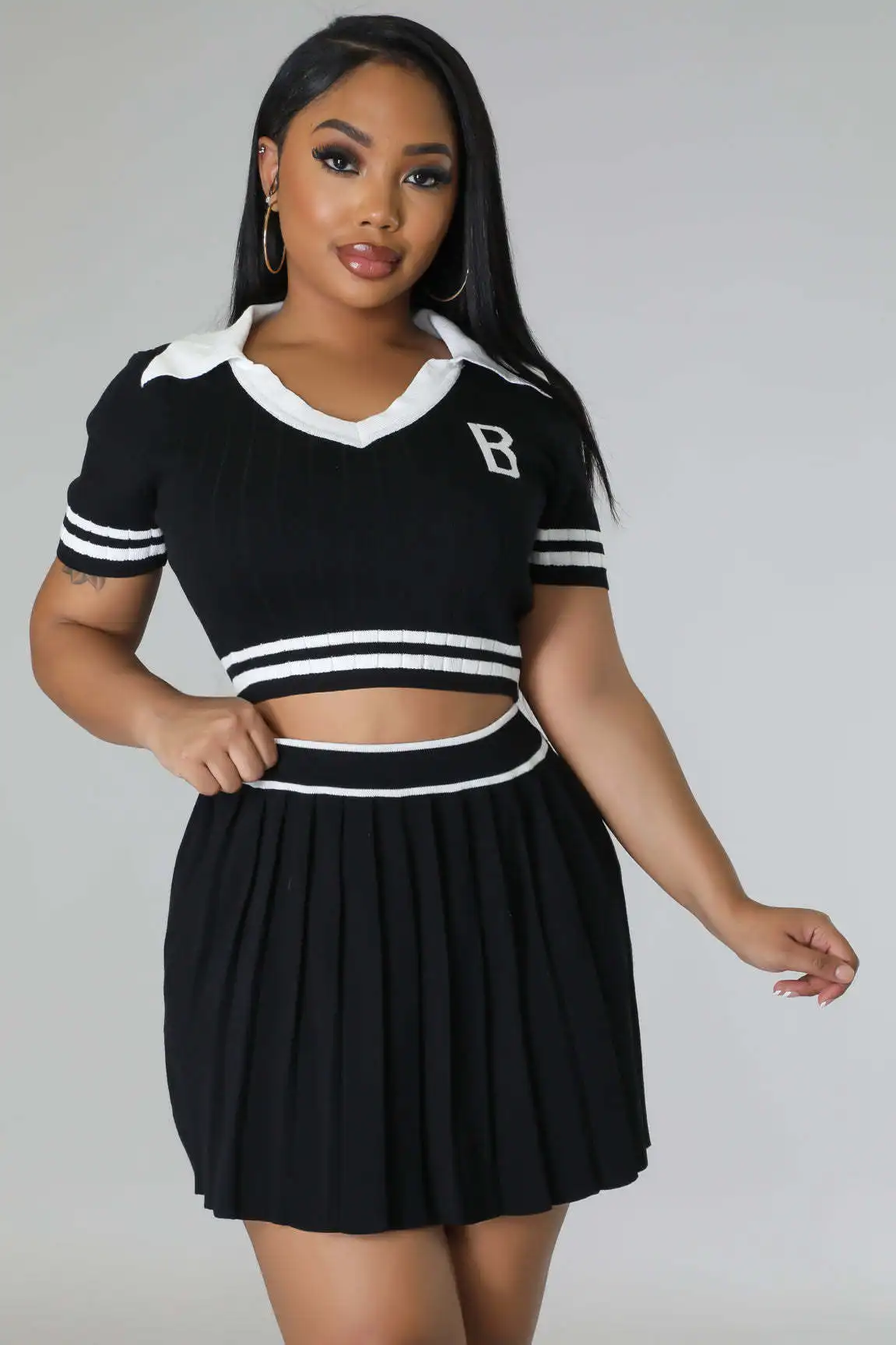 Stripes Printing Women Pleats Skirt Two-piece Set Summer Fashion Short Sleeves Polo T Shirt Mini Skirt Casual Club Wear