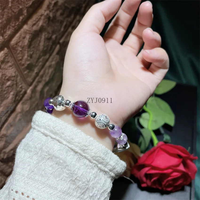 민족 구슬 925 스털링 실버 여성 팔찌 쥬얼리 레트로 자수정 술 심장 매력 팔찌 새해 선물