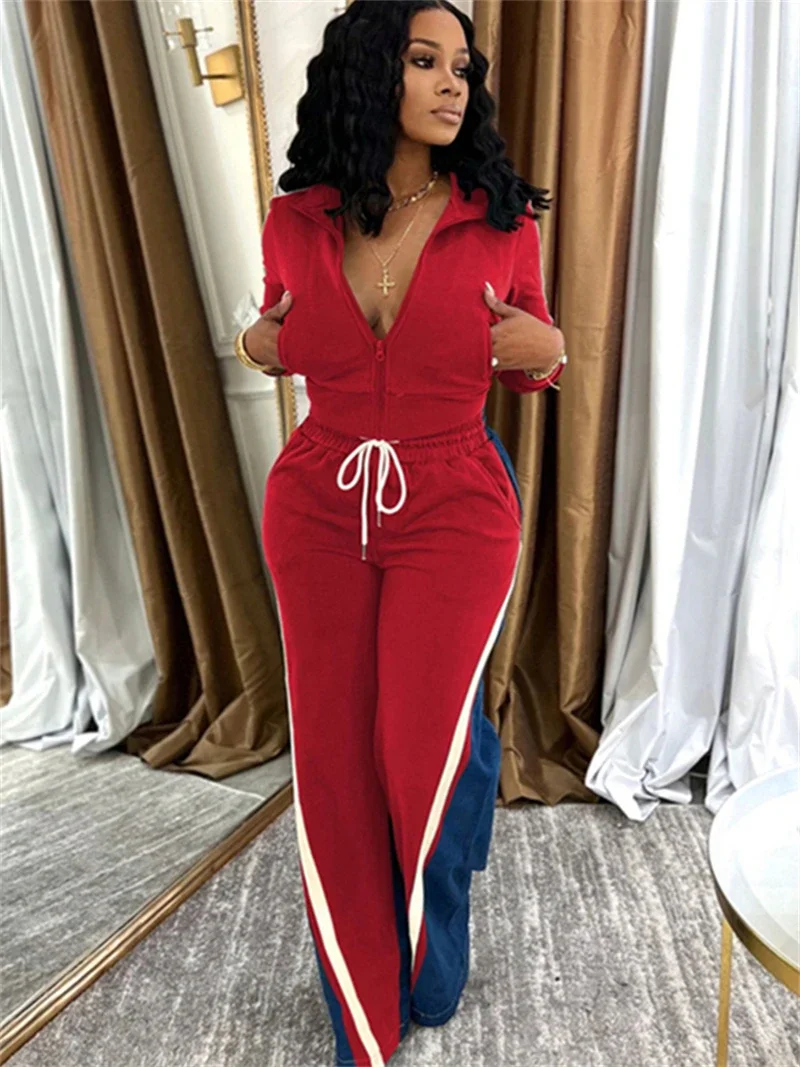 

Streetwear Colorblock 2 Piece Sets Women Outfit Fall Clothes 2025 Women Zip Top Denim Patchwork Pant Sets Casual Tracksuits Set