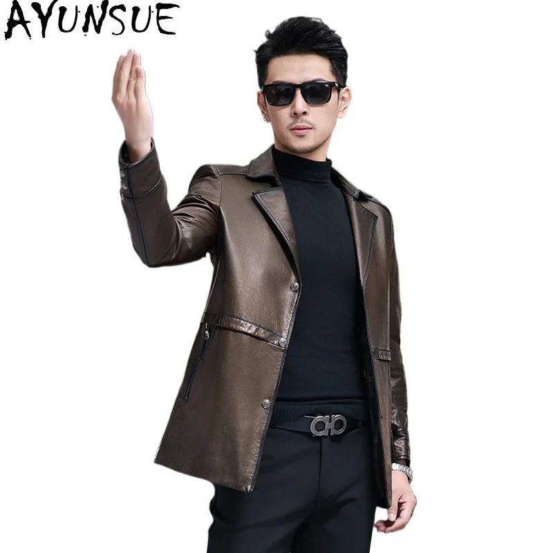 

AYUNSUE High-end Oil-waxed Sheepskin Leather Jackets Man 2025 Mid-length Trench Coat for Men Autumn Winter Suit Collar Jacket