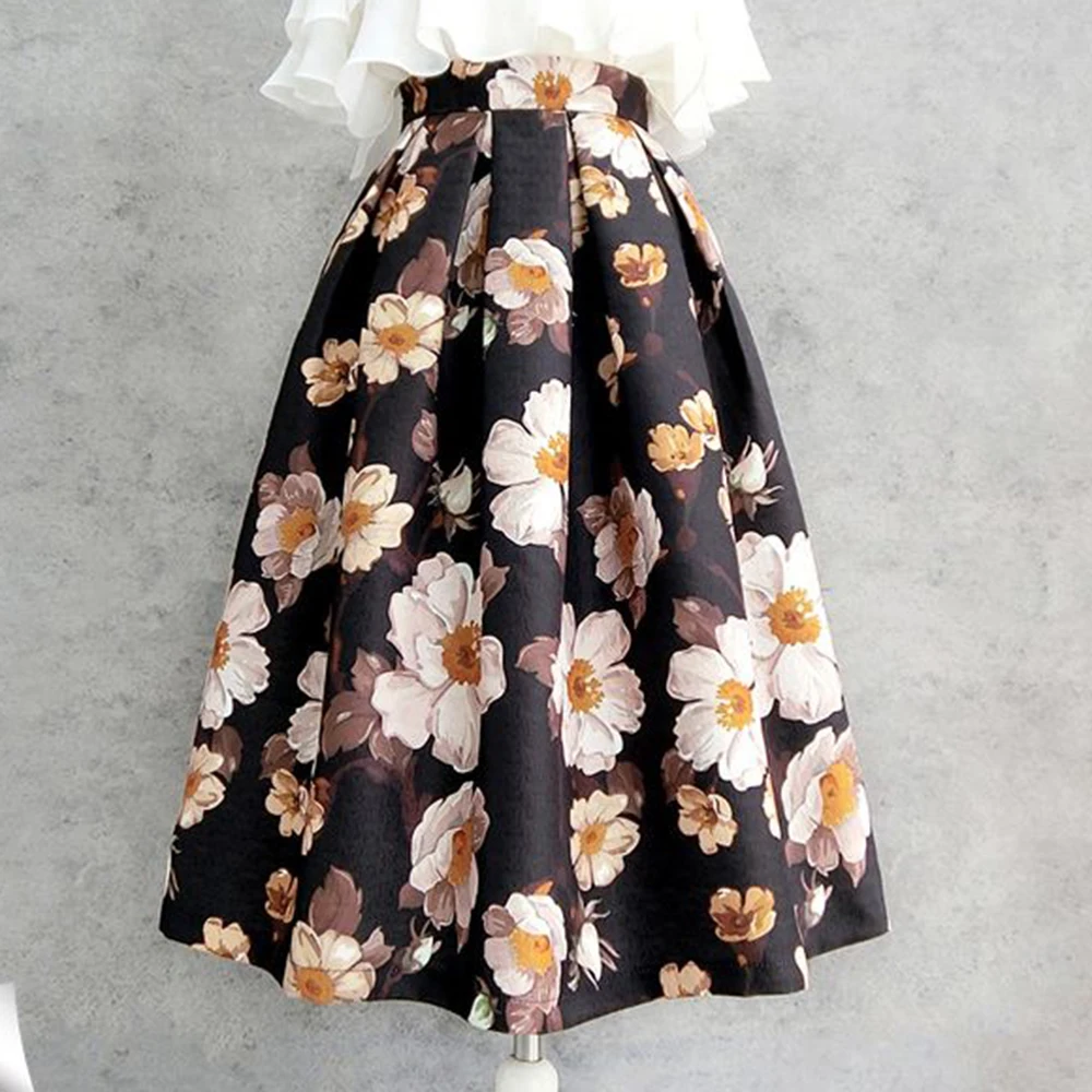 2025 printed new fluffy  high waist and thin  floral foreign style long  four seasons wear skirt retro autumn