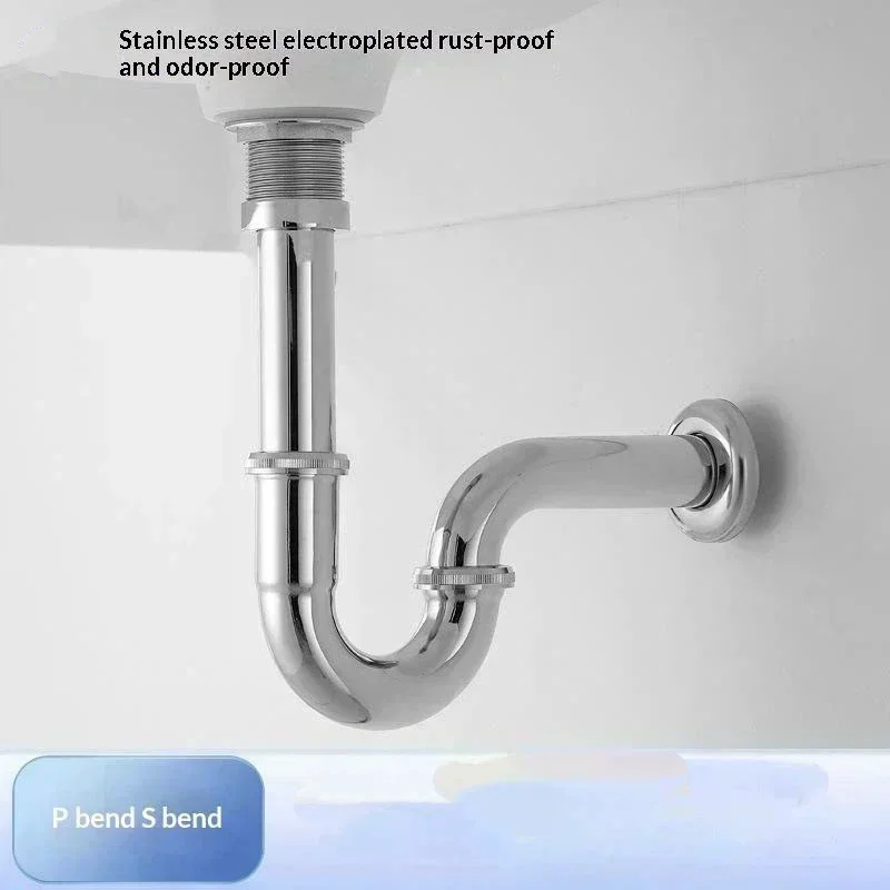 Stainless Steel Washbasin Drain Pipe S-Shaped Odor Proof Leakproof Anti-Clog Pipe for Bathroom Replacement