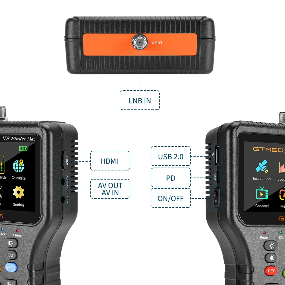 

GTMEDIA V8 Finder Max Satellite Signal Finder DVB-S/S2/S2X H.264/H.265 (8 bit) Satellite Locator 4.3 Inch High Definit Finder