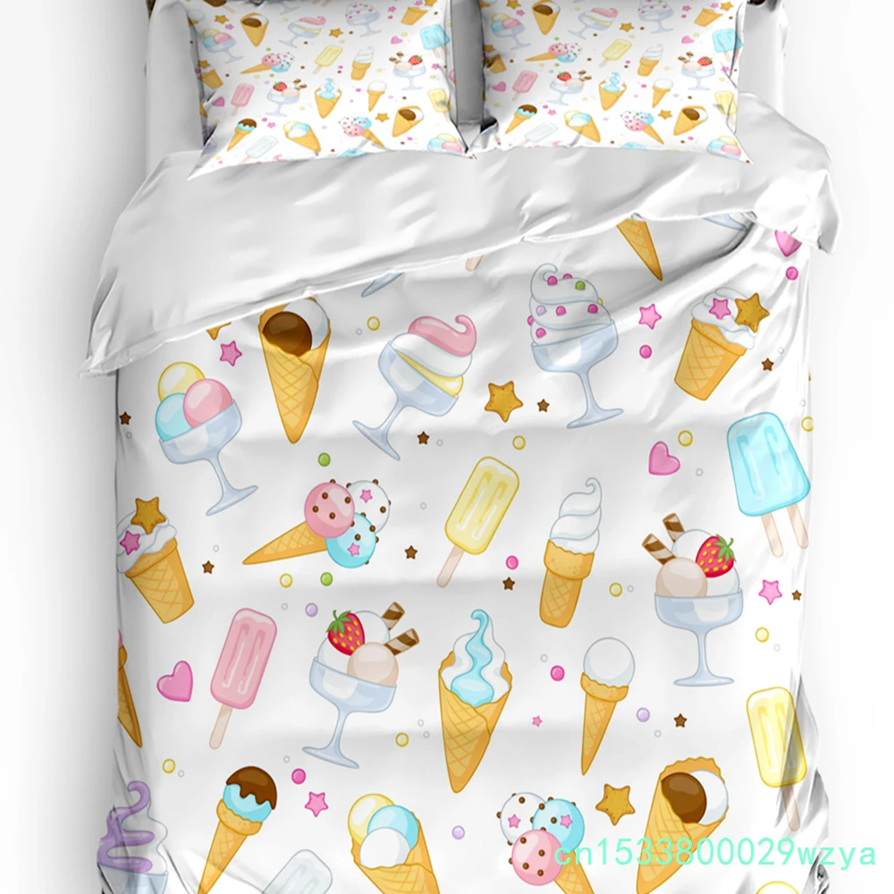 Cartoon Food Ice Cream Cup Bedding Set 3pcs Boys Girls Duvet Cover Pillowcase Kids Adult Quilt Cover Double Bed Set Home Textile