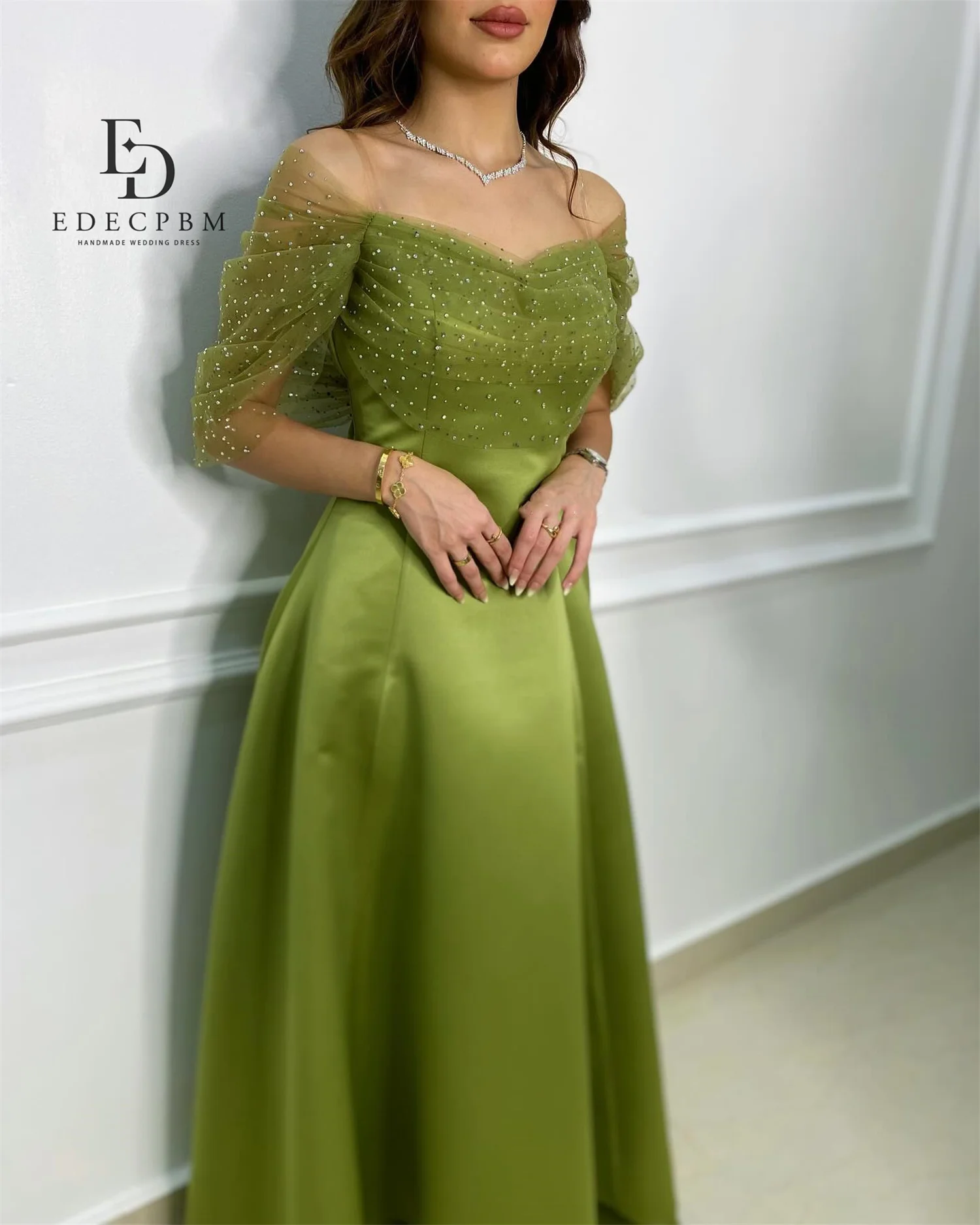 EDECPBM Eleganckie Sukienki Wieczorowe na Specjalne Okazje, Luksusowe Suknie Wieczorowe 2025 Damskie Zielone Satynowe Sukienki na Bal